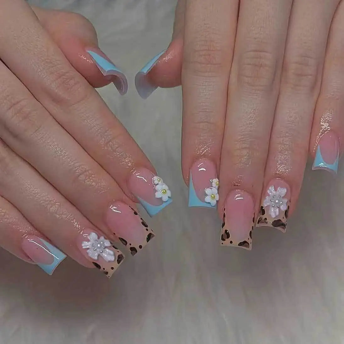 24pcs Medium Long Press-On Nails – Y2K Leopard Gradient Square Ballet Tips