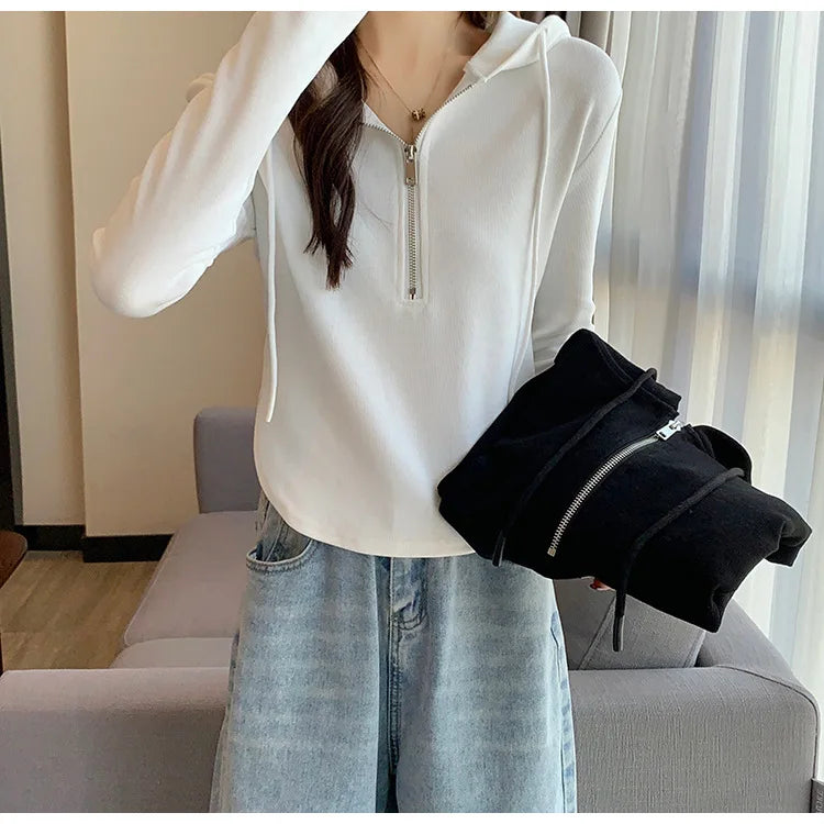 Sweatshirt Design Niche Spring Summer Short Zipper Top Slimming Thin Long-sleeved Hooded Fashion Women's Clothing