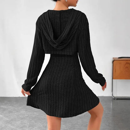 Women's Two-Piece Autumn Outfit – Long Sleeve Hooded Top & Sleeveless A-Line Dress