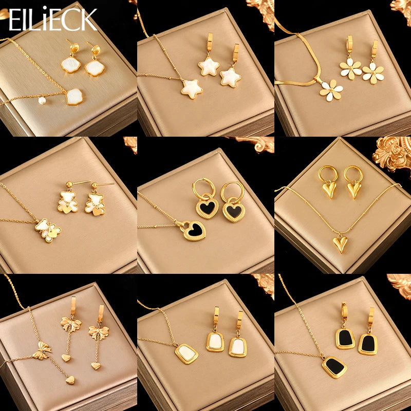 Gold Heart, Star & Flower Necklace and Earrings Set for Women – Waterproof Jewellery