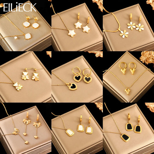 Gold Heart, Star & Flower Necklace and Earrings Set for Women – Waterproof Jewellery