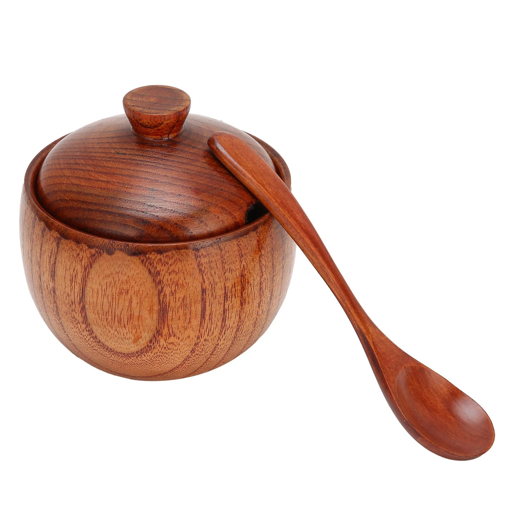 Wood Spice Jar Sugar Bowl Salt Pepper Seasoning Box with Spoon and Lid Home Kitchen Cooking Tool