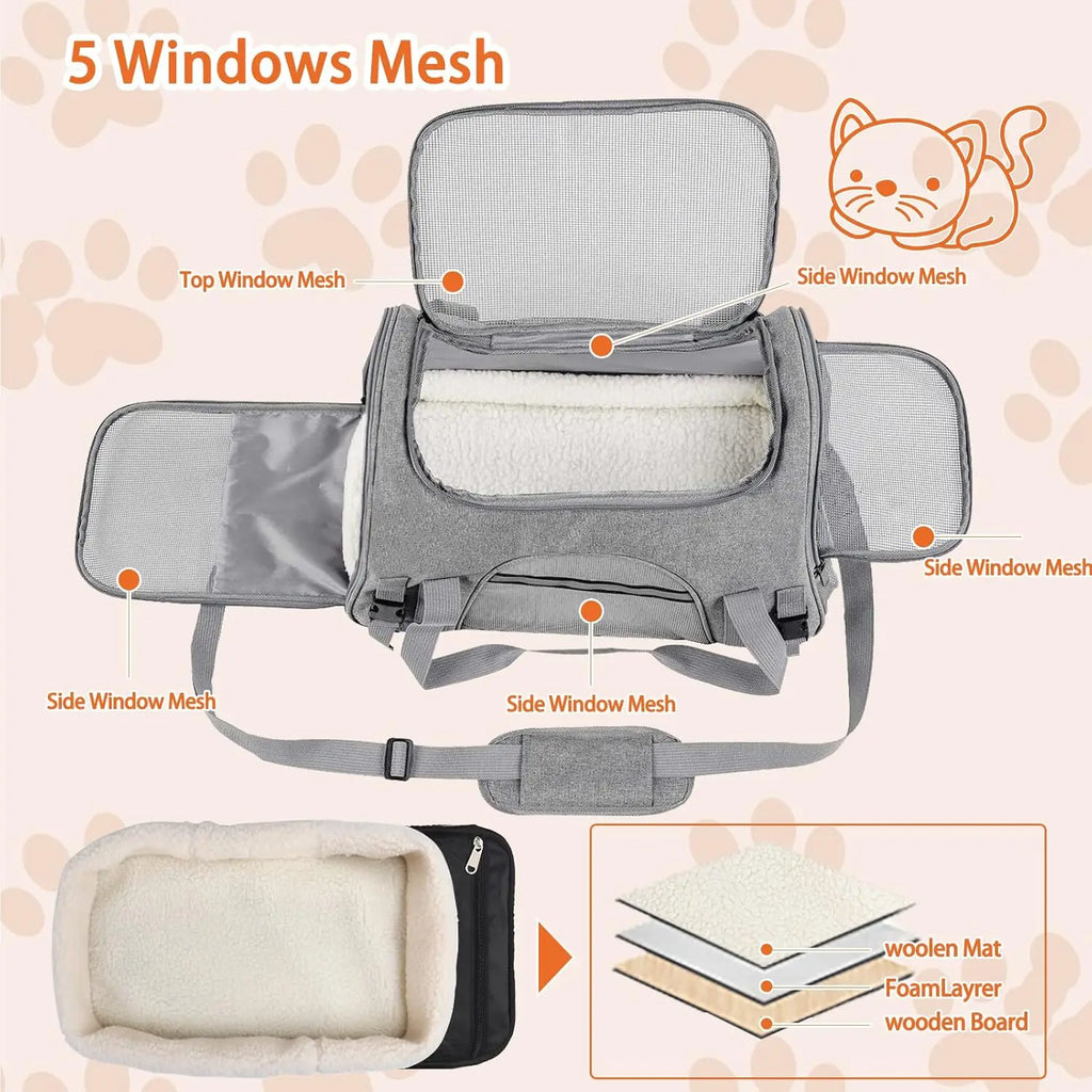 Airline Approved Pet Carrier Bag Soft Cat & Dog Travel Carrier with Mat Portable Pet Travel Bag for Pets up to 20LBS