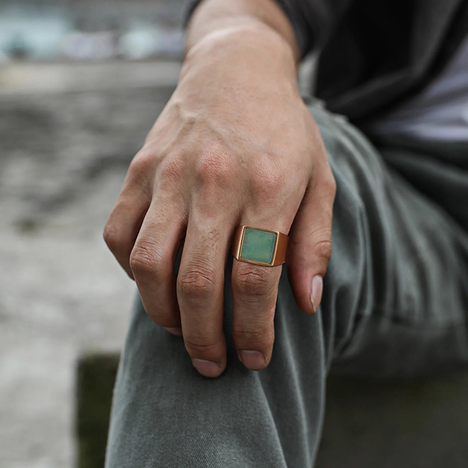 Natural Green Stone Square Ring for Men – Gold Colour Stainless Steel Punk Thumb Ring