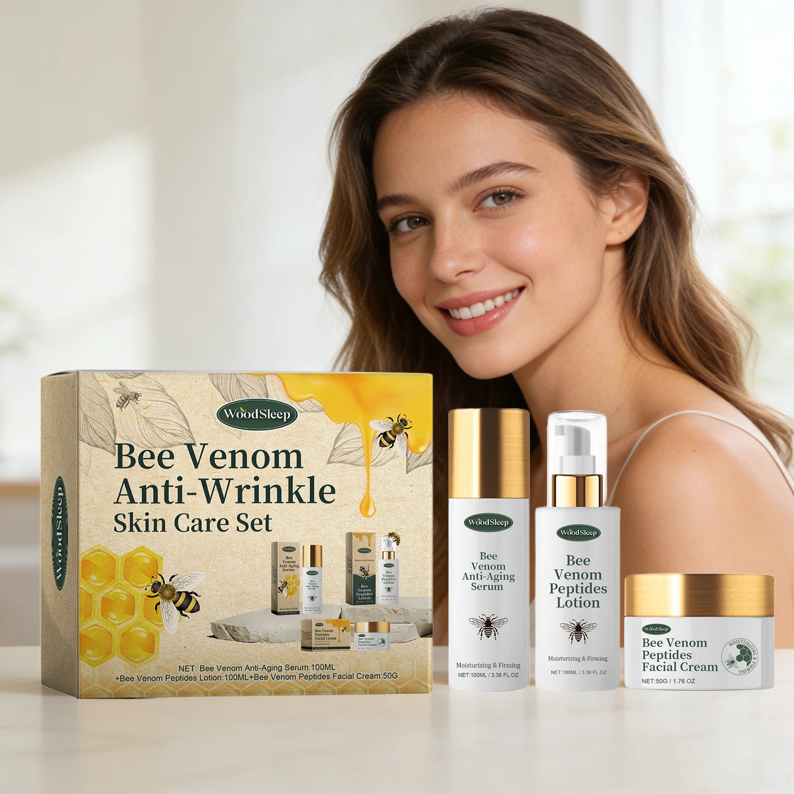 Bee Venom Anti-Wrinkle Skin Care Set Anti-Aging Serum Firming Lifting Peptides Lotion Deep Moisturizing Nourishing Facial Cream