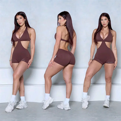 Women’s Backless Twist Front Scrunch Butt Romper – Sporty Short Jumpsuit for Gym & Yoga