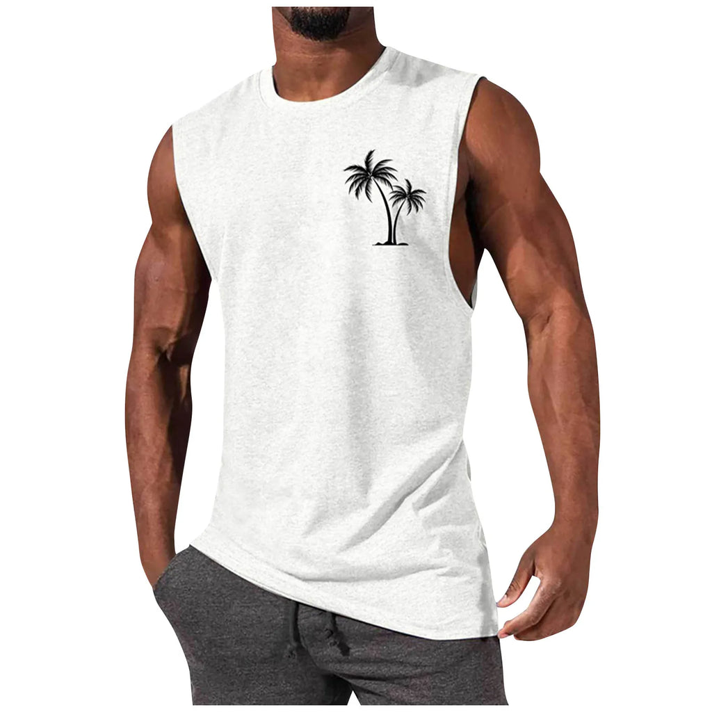 2025 Men'S Muscle Fitness Shirt Sports T-Shirt Gym Training Shirt Summer Casual Vest Tree Print Sleeveless Round Neck