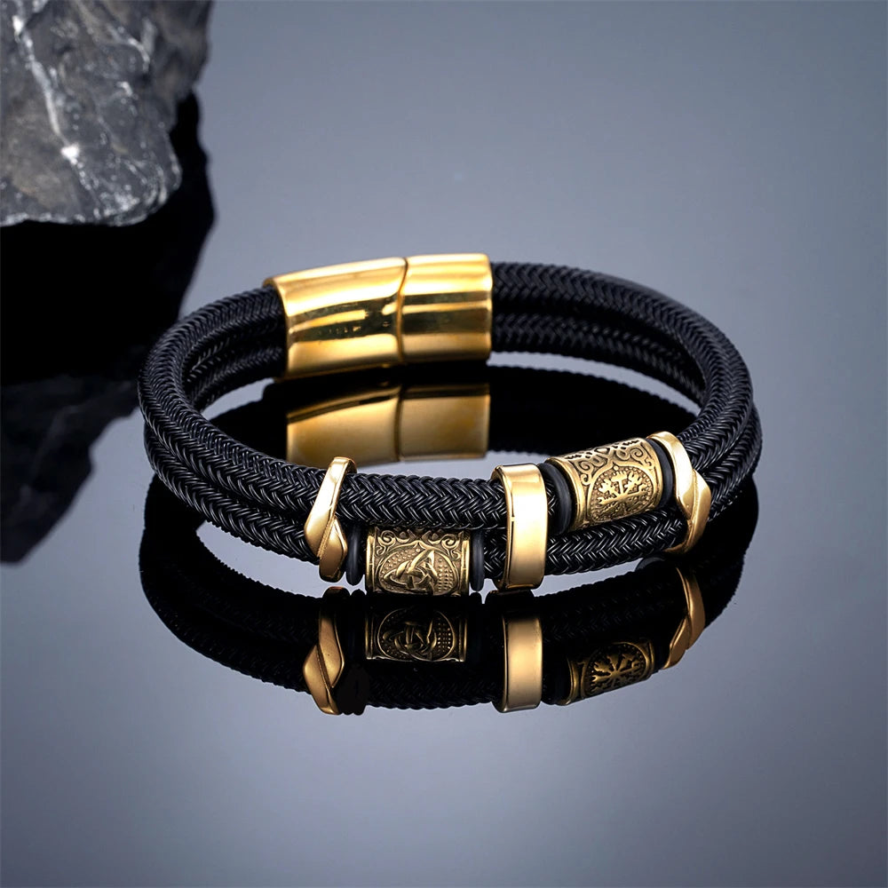 Vikings Runes Double-Layer Unfading Steel Wire Rope Bracelets Men Norse Gold Color Stainless Steel Wristband Luxury Male Jewelry