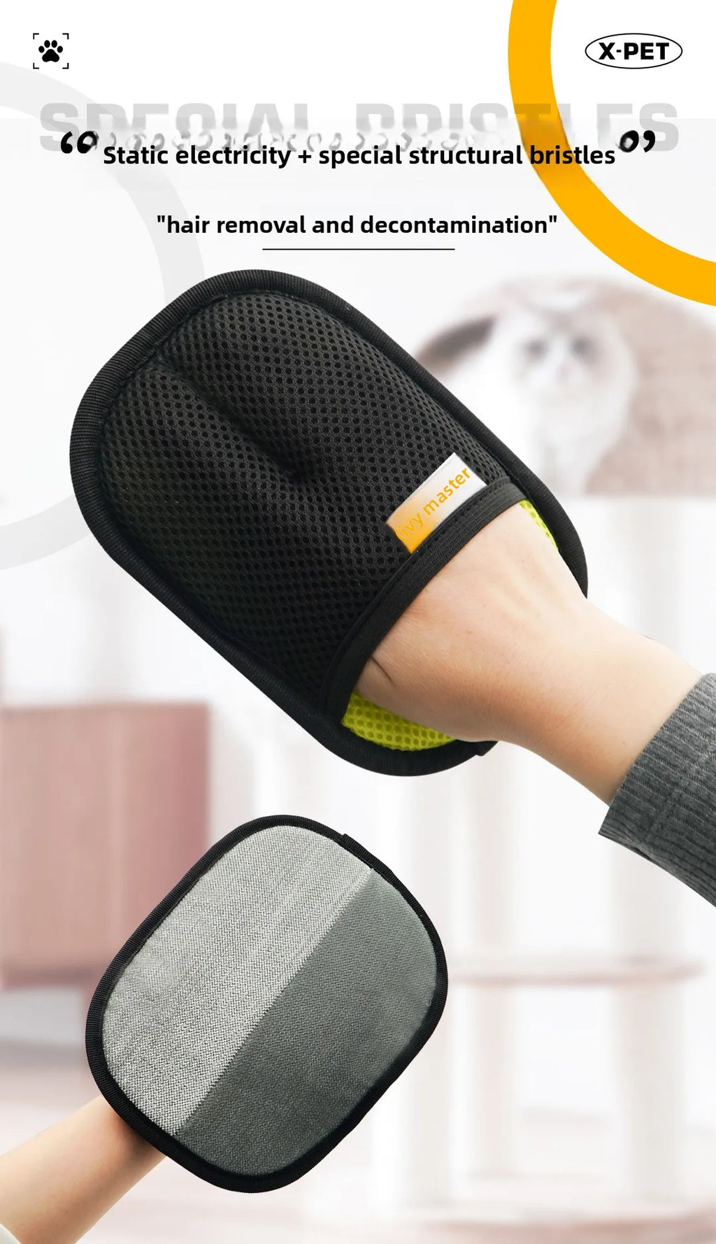 2 in 1 Pet Hair Removal Mitts for Cats Dogs Electrostatic Grooming Glove Reusable Washable with Lint Roller Brush Safe Non Toxic
