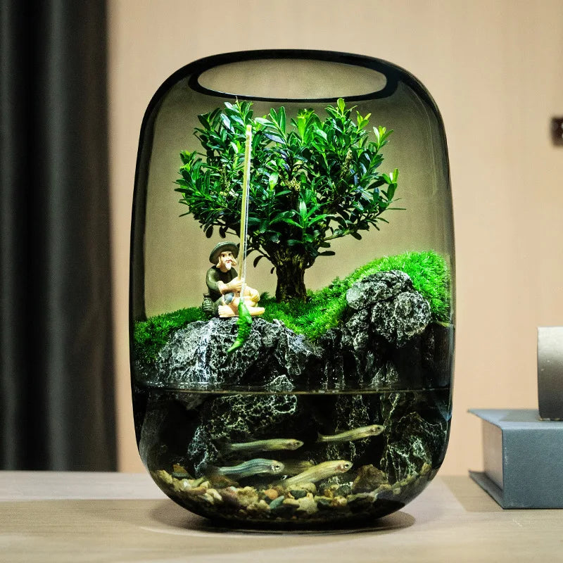 Mini Aquariums Indoor Glass Fish Tank Desktop Moss Micro-landscape Aquariums Modern Decoration Terrarium Fish Tanks with Lamp