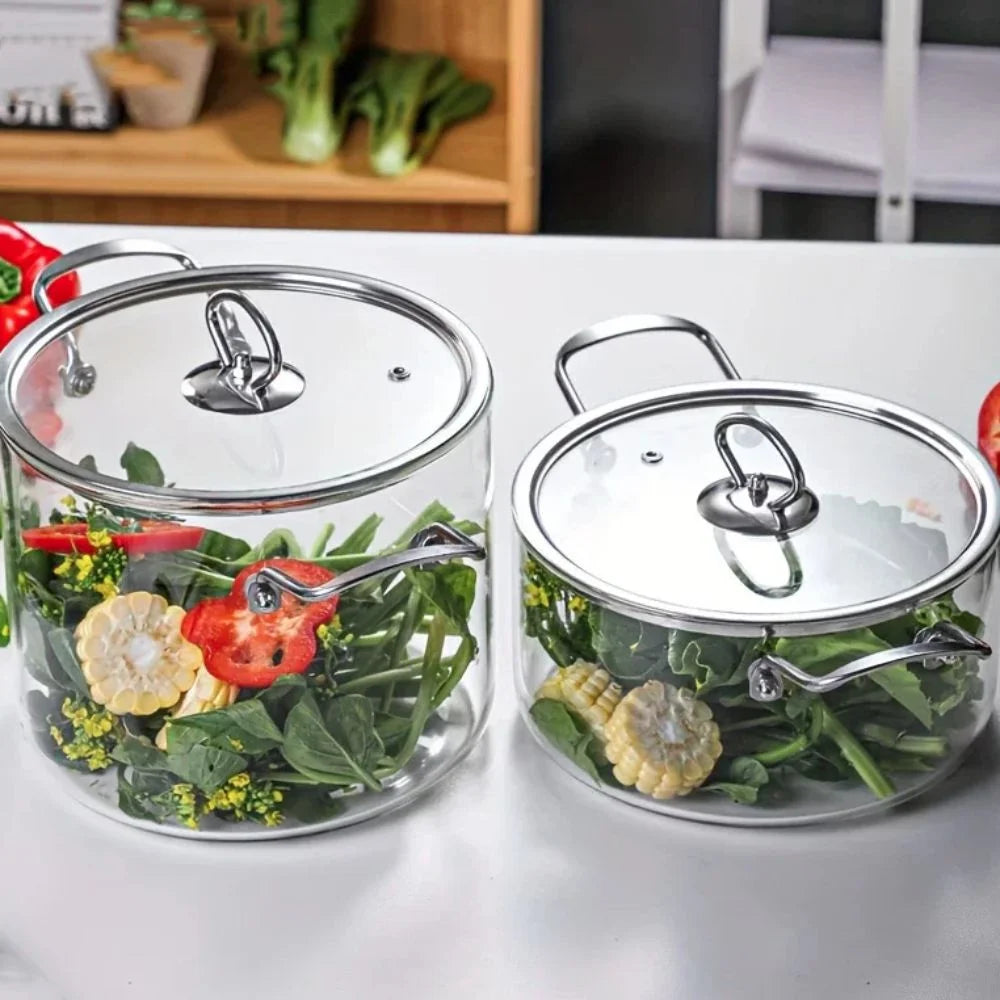 Heat-resistant glass double-eared transparent soup pot kitchen household high borosilicate glass stainless steel handle noodle