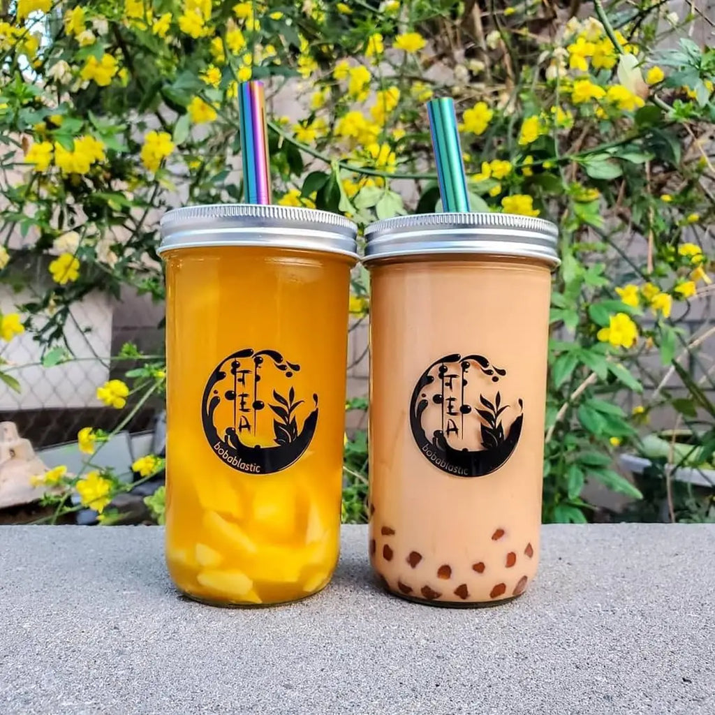 Reusable Boba Drinking Straws with Cleaning Brush 4Pcs Extra Wide Stainless Steel Metal Bubble Tea Straw for Smoothie MilkShakes
