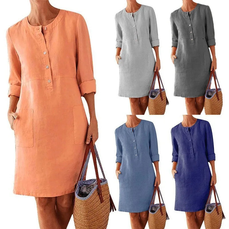 Women’s Cotton Linen Tunic Dress – Long Sleeve Knee-Length