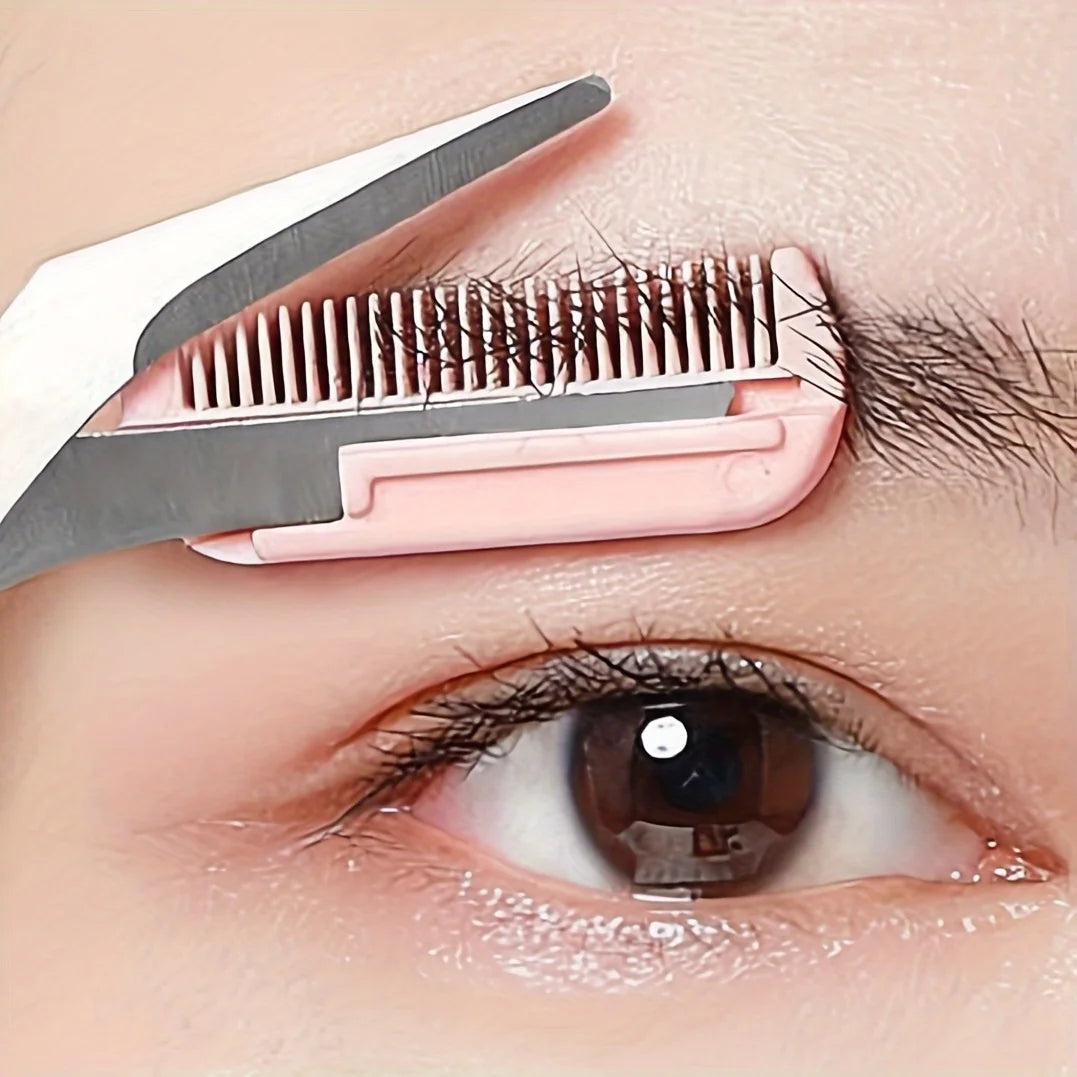 Pink Eyebrow Trimming Scissors with Built-In Comb for Precise Shaping and Grooming