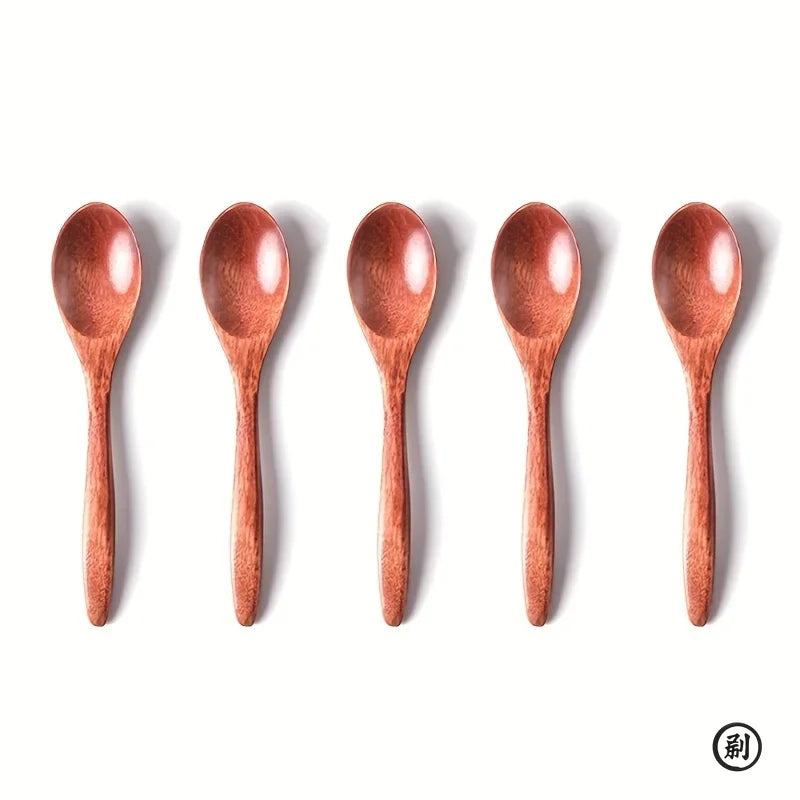 6PCS Wooden Tea Spoon Set Long Coffee Stirrer Honey Dessert Teaspoons Natural Wood Tableware