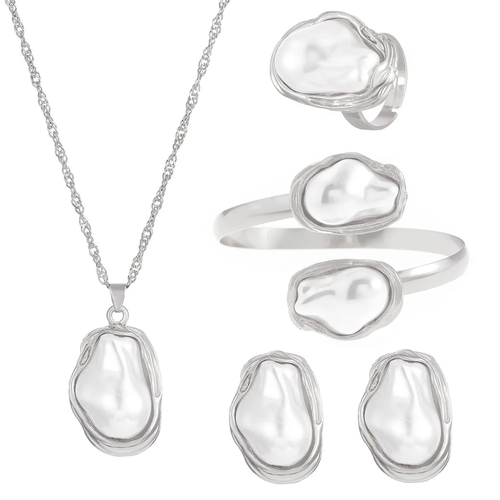 Trendy Baroque Pearl Necklace, Bracelet & Ring Set – Wedding & Party Jewellery for Women