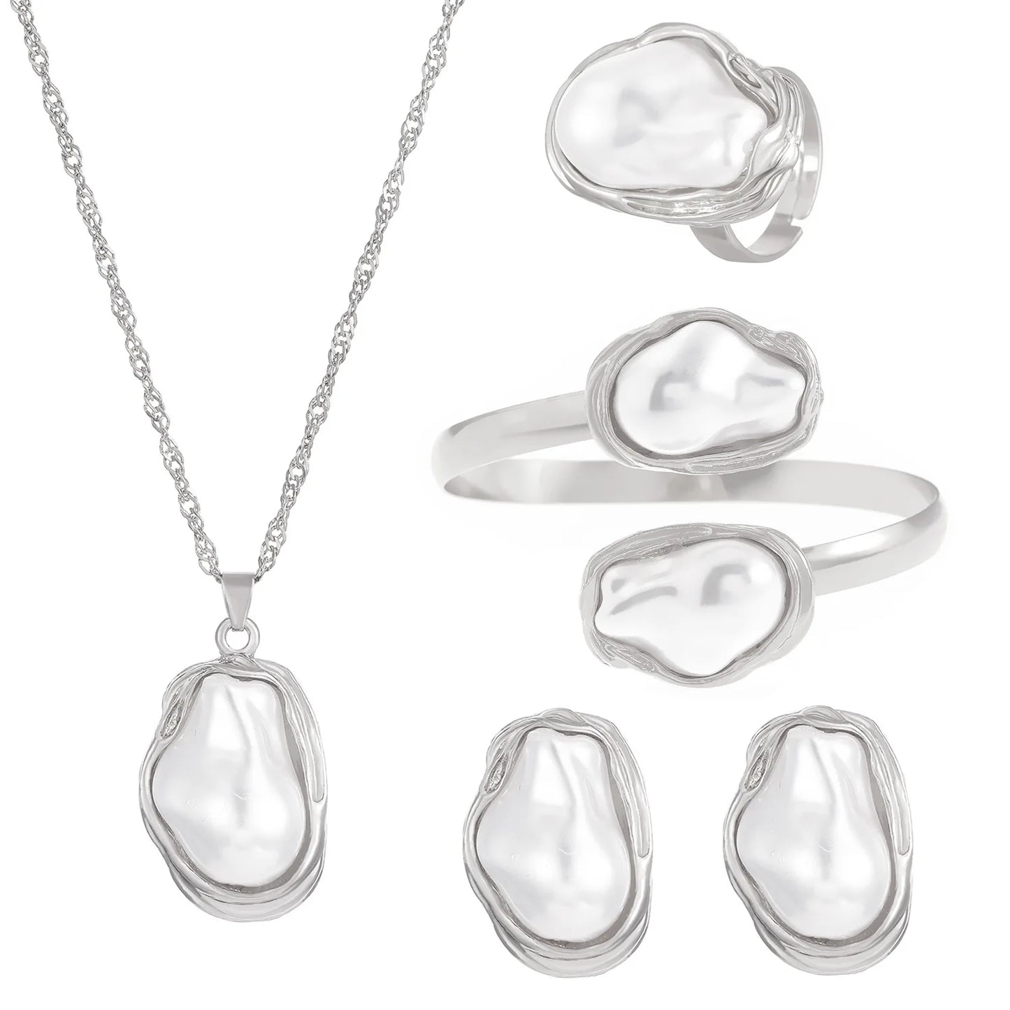 Trendy Baroque Pearl Necklace, Bracelet & Ring Set – Wedding & Party Jewellery for Women