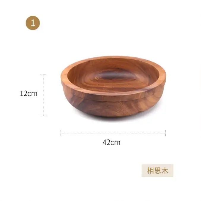 Extra Large Solid Wood Bowl & Tray Set Round Wooden Salad Bowl Ramen Mixing Bowl Natural Wood Tableware