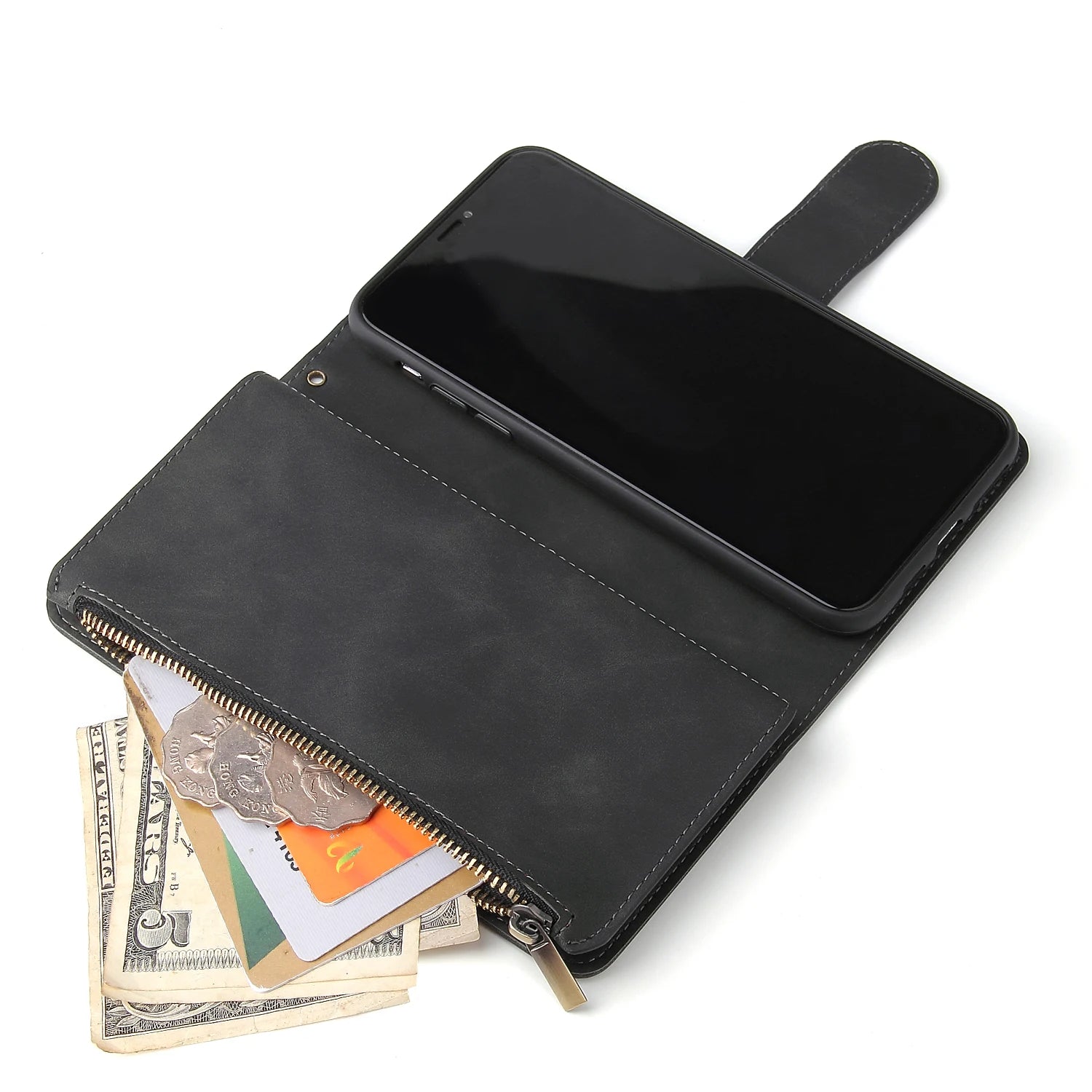iPhone Leather Wallet Case – Magnetic Flip with Card Slots & Zipper