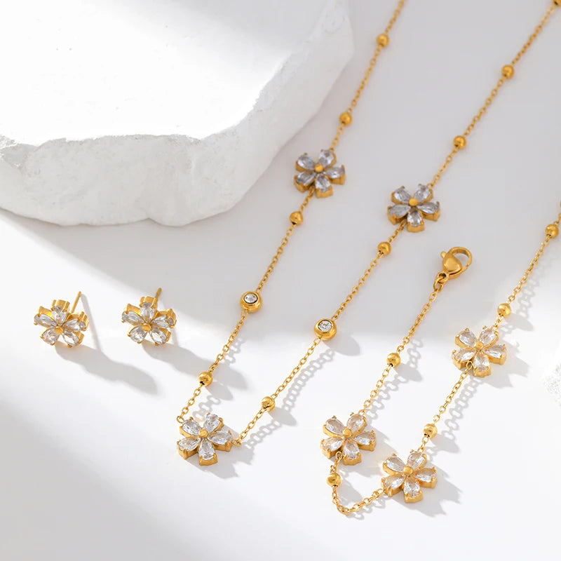 316L Stainless Steel White Zirconia Jewelry Set – Necklace, Bracelet & Earrings for Women