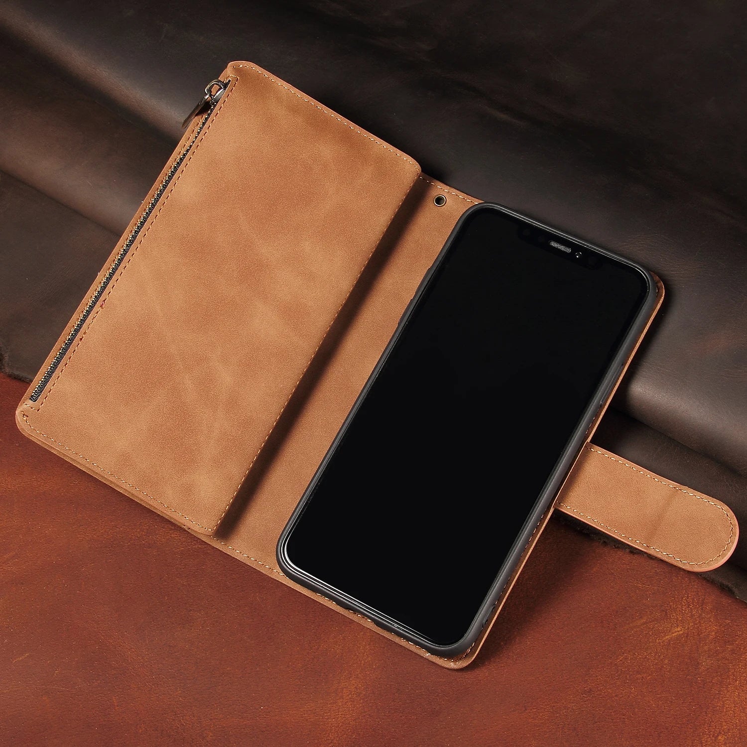 iPhone Leather Wallet Case – Magnetic Flip with Card Slots & Zipper