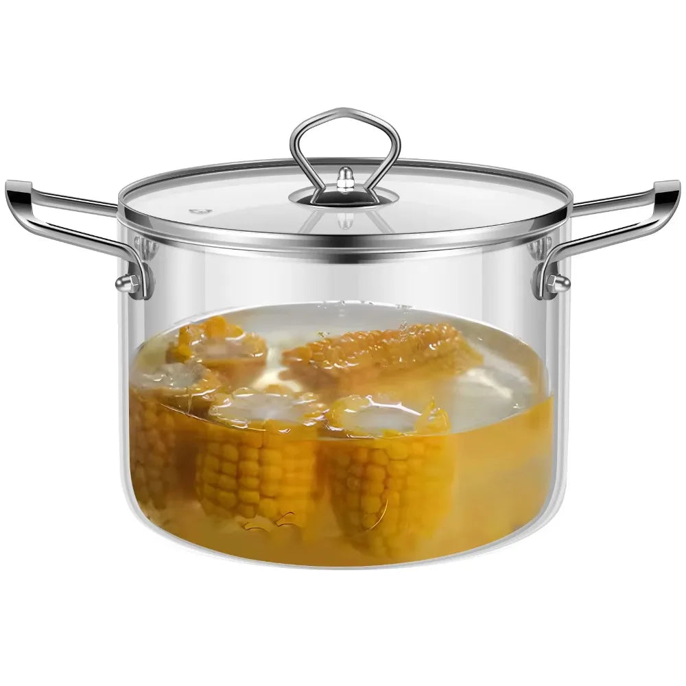 Heat-resistant glass double-eared transparent soup pot kitchen household high borosilicate glass stainless steel handle noodle