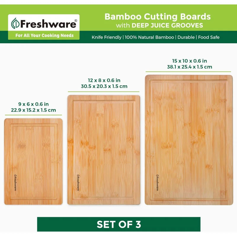 Bamboo Cutting Boards Set of 3 – Wooden Chopping Board for Meat & Vegetables