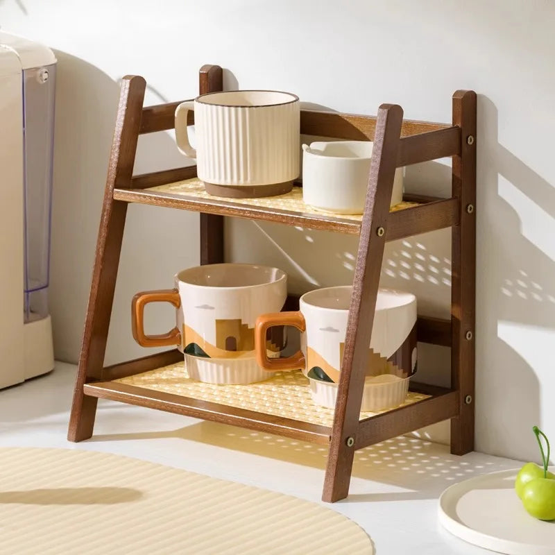 2 Tier Bamboo Countertop Organizer Multipurpose Coffee Cup Holder Storage Shelf for Kitchen Bathroom Vanity Home
