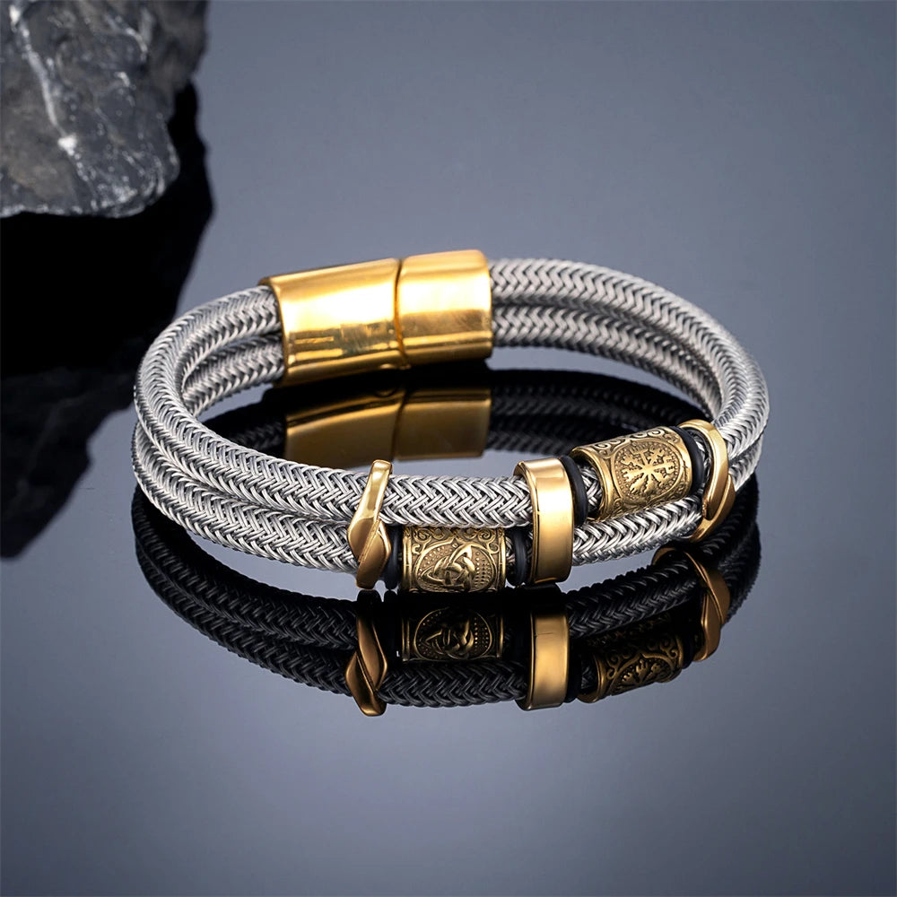 Vikings Runes Double-Layer Unfading Steel Wire Rope Bracelets Men Norse Gold Color Stainless Steel Wristband Luxury Male Jewelry