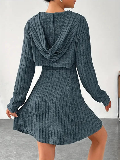 Women's Two-Piece Autumn Outfit – Long Sleeve Hooded Top & Sleeveless A-Line Dress