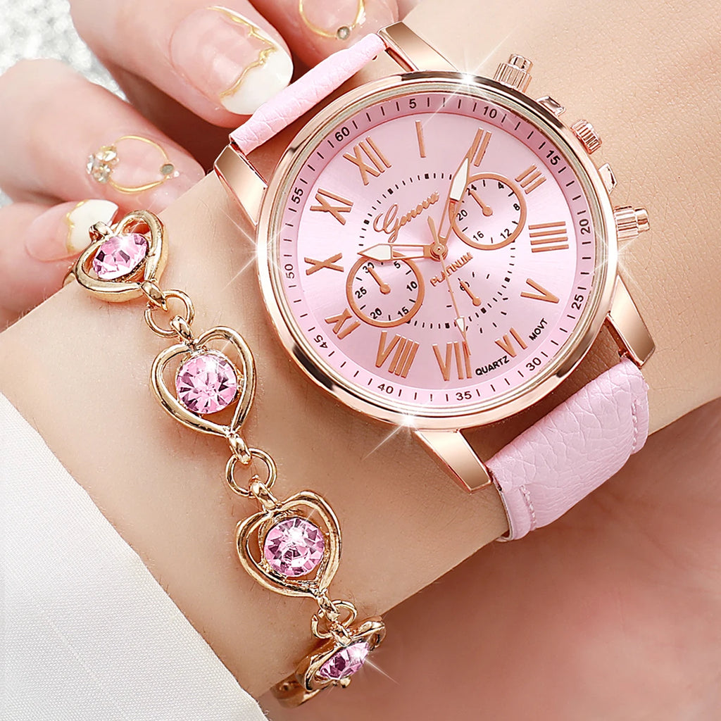 Women’s Quartz Watch & Heart Jewellery Set with Leather Strap