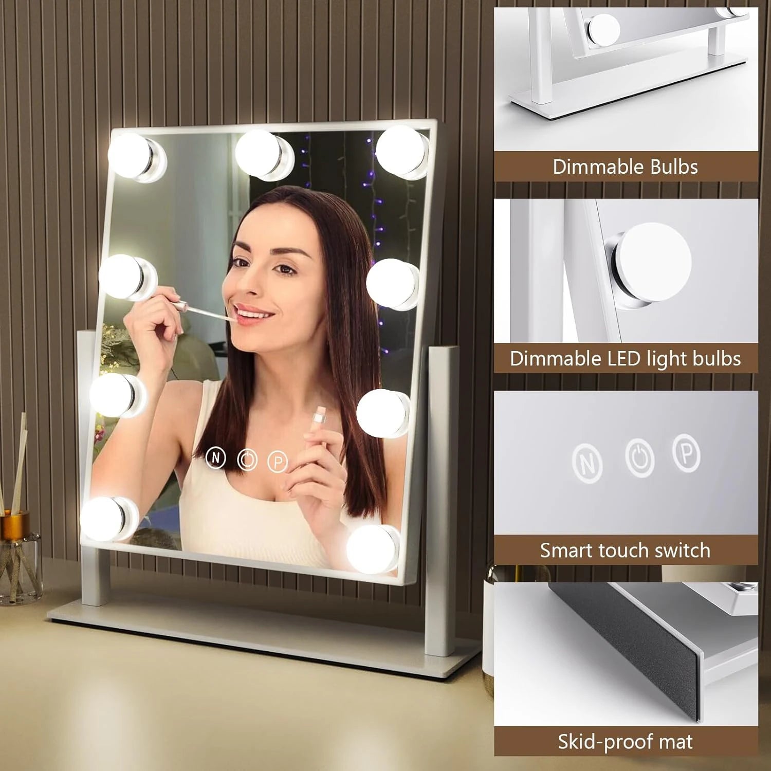 Vanity Mirror with Lights – Hollywood 9 LED Bulbs, 3 Colors & 360° Rotation