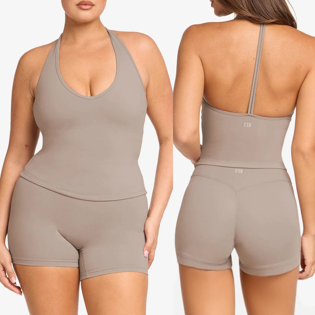 CSB backless halter neck vest & Scrunch Shorts   Gym Vest woman  Cropped Top Yoga Tank Top Self-Padded High Stretch Top