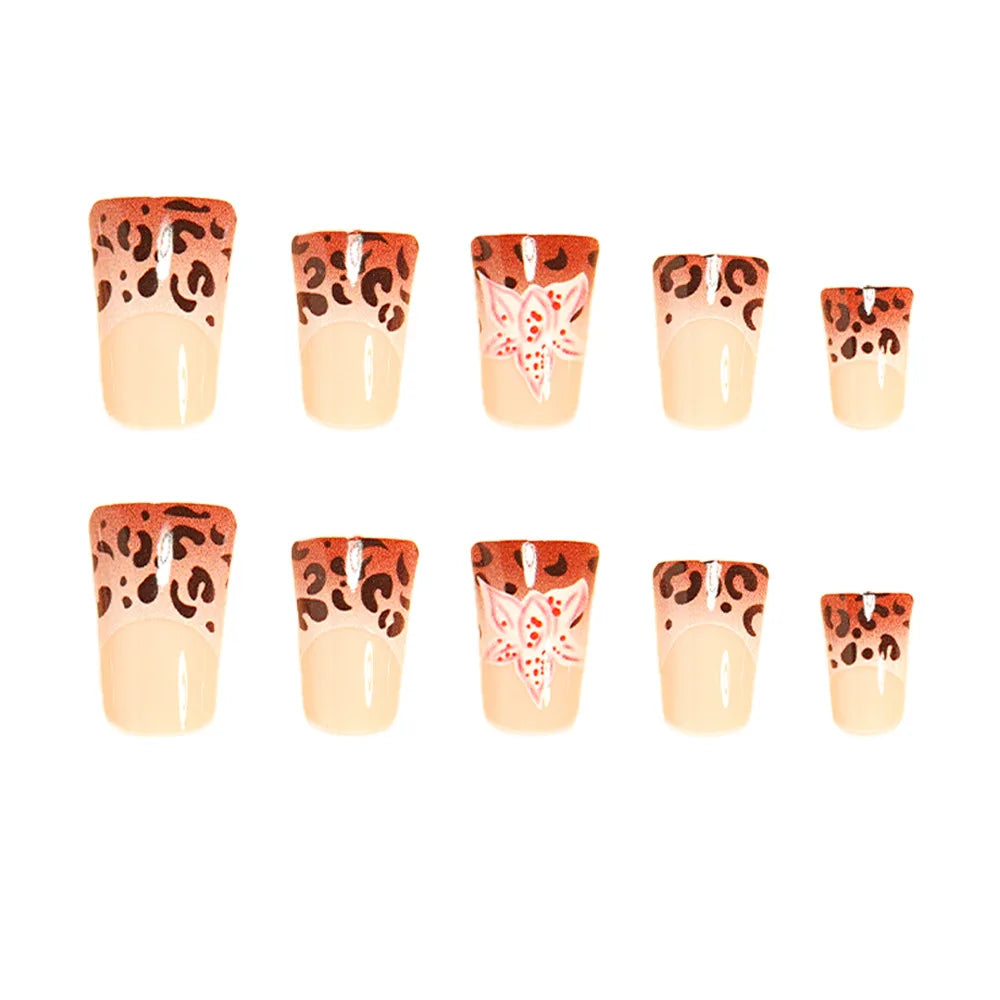 24pcs Medium Long Press-On Nails – Y2K Leopard Gradient Square Ballet Tips