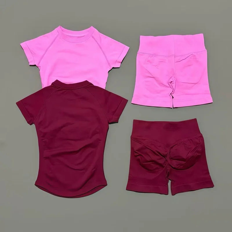 2 Piece Impact Sports Set Women Gym Yoga Set Seamless Fitness Gym Clothes Sportswear Short Sleeve Top Sports Short Leggings Suit