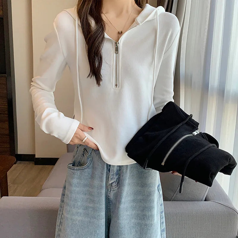 Sweatshirt Design Niche Spring Summer Short Zipper Top Slimming Thin Long-sleeved Hooded Fashion Women's Clothing