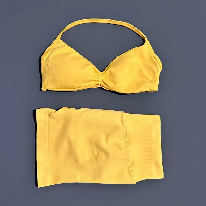2 Pieces Yoga Gym Set Women Seamless Strappy Yoga Bra High Waist Workout Scrunch Shorts Sports Set Fitness Clothes Sportswear