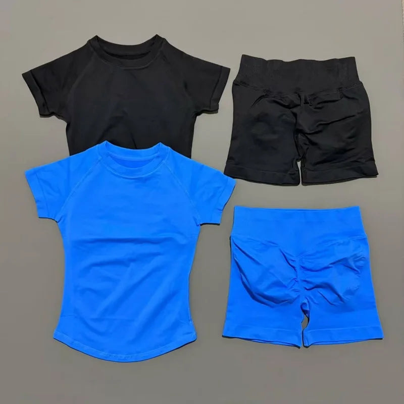 2 Piece Impact Sports Set Women Gym Yoga Set Seamless Fitness Gym Clothes Sportswear Short Sleeve Top Sports Short Leggings Suit
