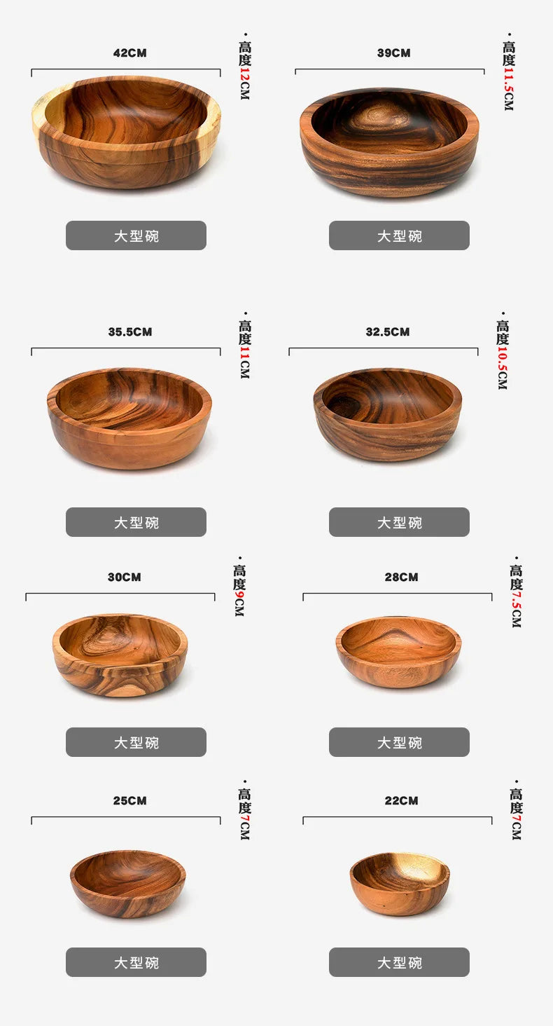 Extra Large Solid Wood Bowl & Tray Set Round Wooden Salad Bowl Ramen Mixing Bowl Natural Wood Tableware