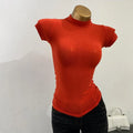 Women Korean Half Turtleneck Short Sleeve Slim Fit T-Shirt Stretch Bodycon Solid Basic Inner Layer Sexy Summer Top