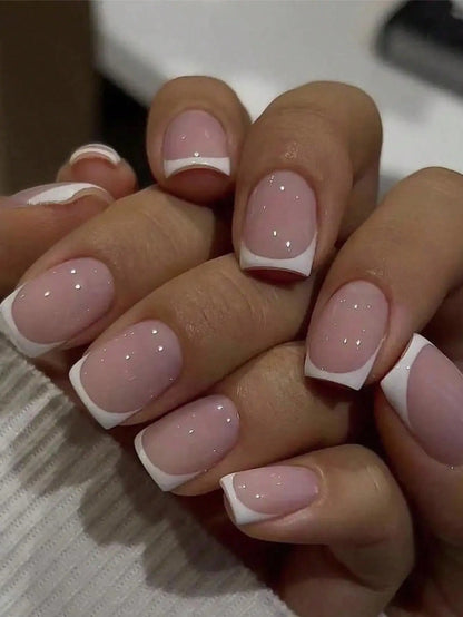 French Tip Press On Nails Set – Natural Nude Glossy Short False Nails for Easy Manicure (24 Pieces)