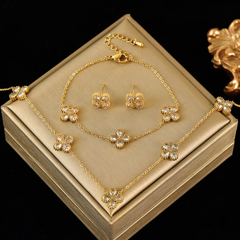 316L Stainless Steel White Zirconia Jewelry Set – Necklace, Bracelet & Earrings for Women