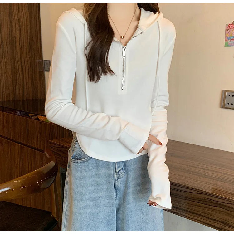 Sweatshirt Design Niche Spring Summer Short Zipper Top Slimming Thin Long-sleeved Hooded Fashion Women's Clothing