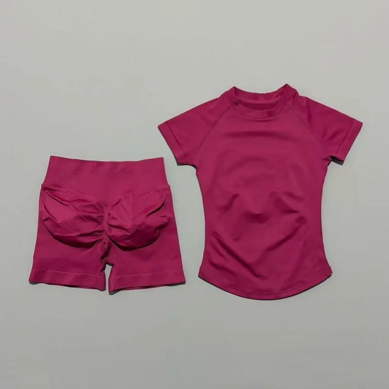 2 Piece Impact Sports Set Women Gym Yoga Set Seamless Fitness Gym Clothes Sportswear Short Sleeve Top Sports Short Leggings Suit