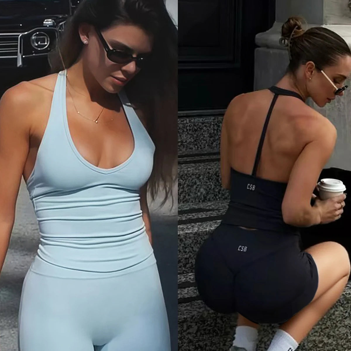 CSB backless halter neck vest & Scrunch Shorts   Gym Vest woman  Cropped Top Yoga Tank Top Self-Padded High Stretch Top
