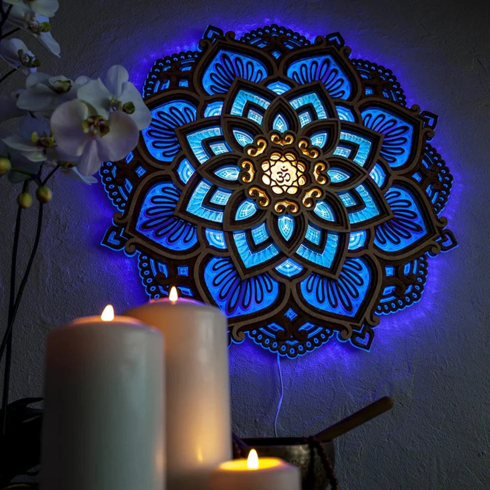LED Mandala Lotus Lamp – Wooden Yoga Room Wall Night Light