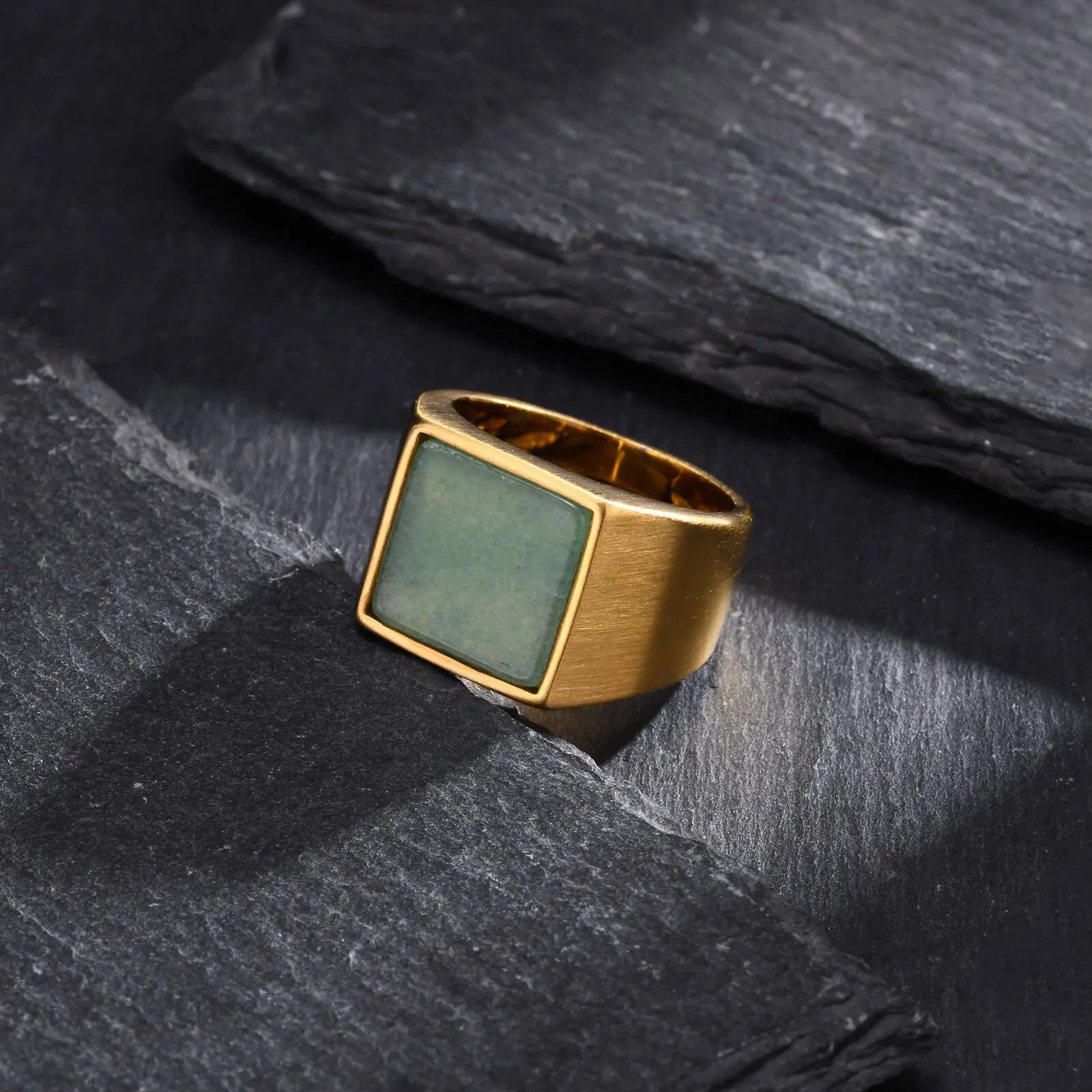Natural Green Stone Square Ring for Men – Gold Colour Stainless Steel Punk Thumb Ring