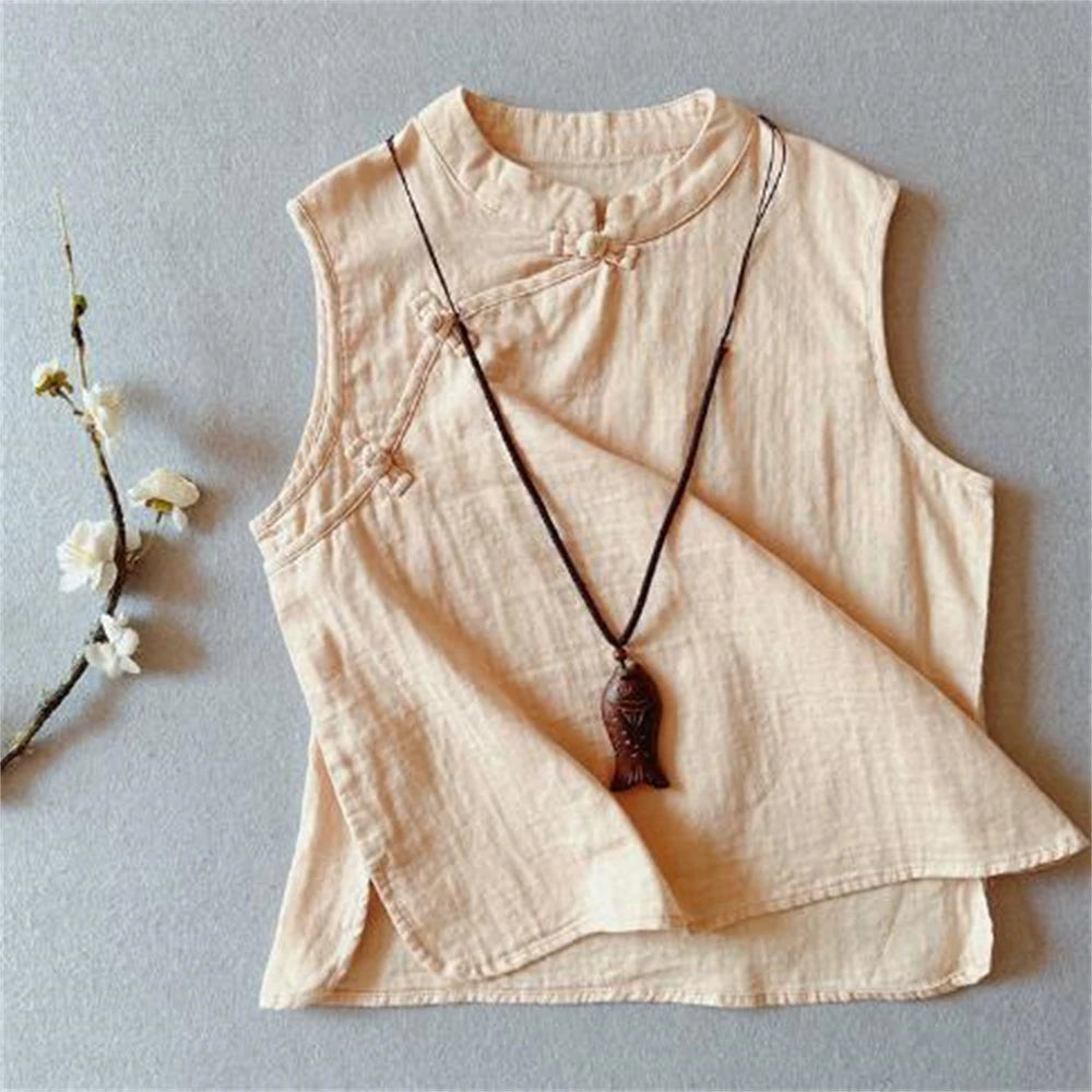 Women’s Sleeveless Hanfu Vest – Linen Cotton Tang-Style Cardigan