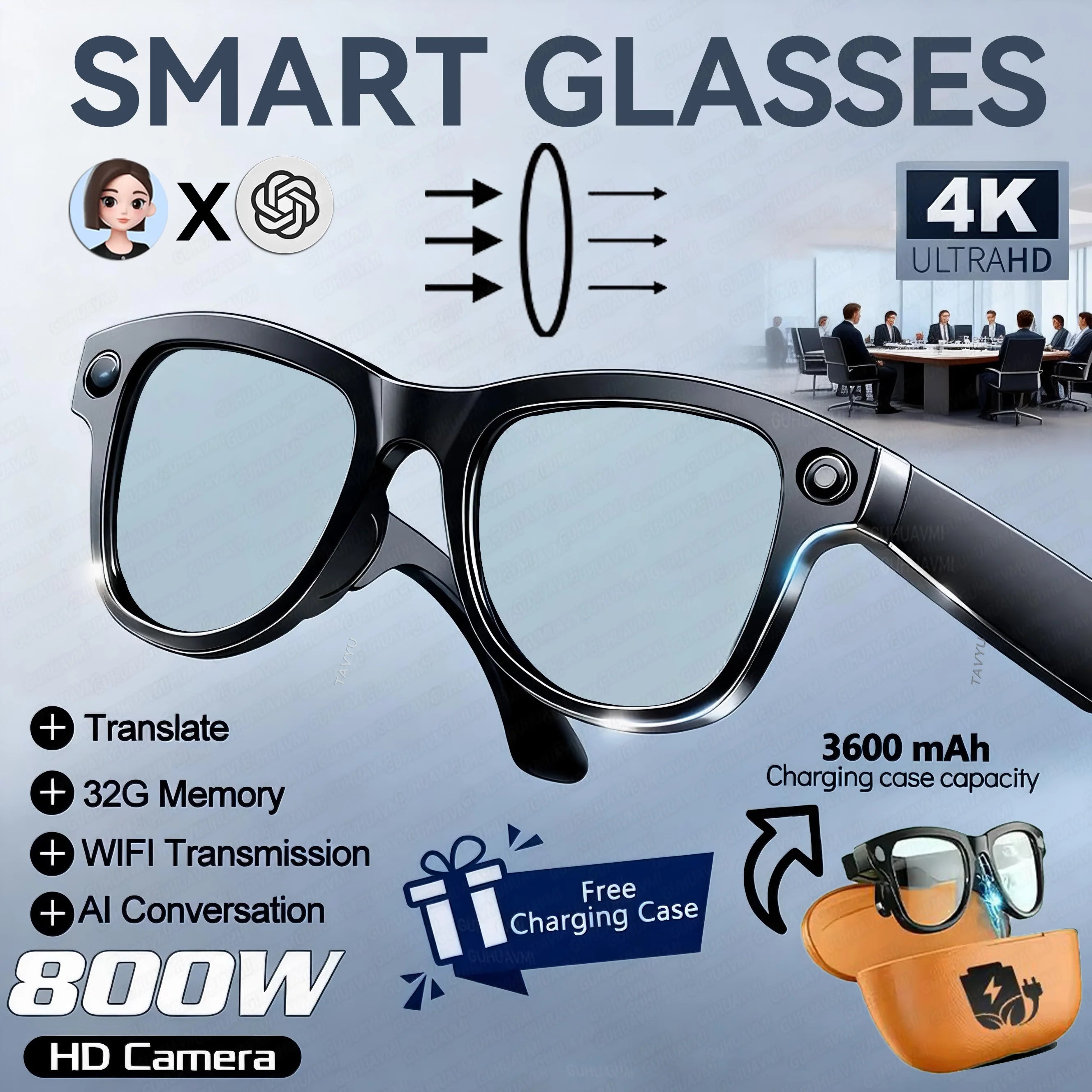 Study Travel Smart Glasses Men 800W Pixel Camera 4k Ultra HD 1080P Video Recording Take Photo AI Chat Music Call AI Glasses 2026