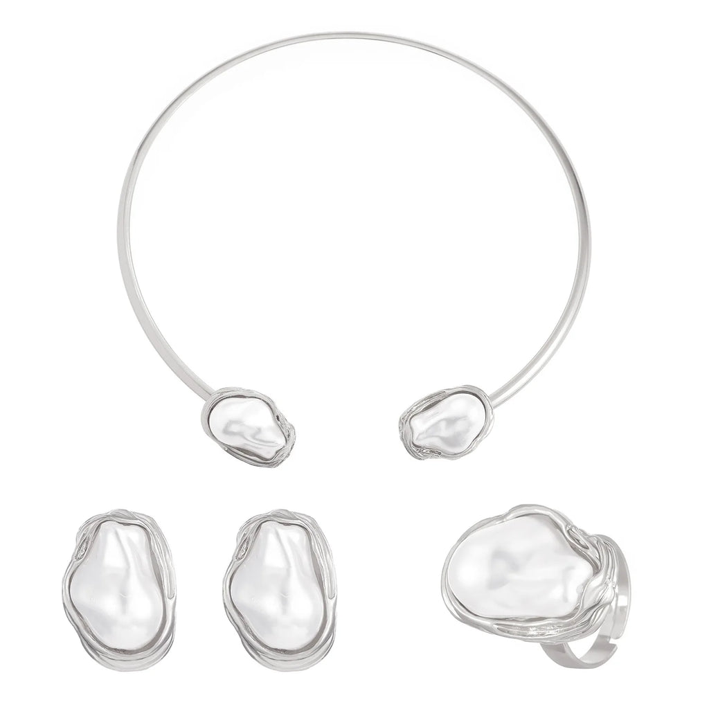 Trendy Baroque Pearl Necklace, Bracelet & Ring Set – Wedding & Party Jewellery for Women